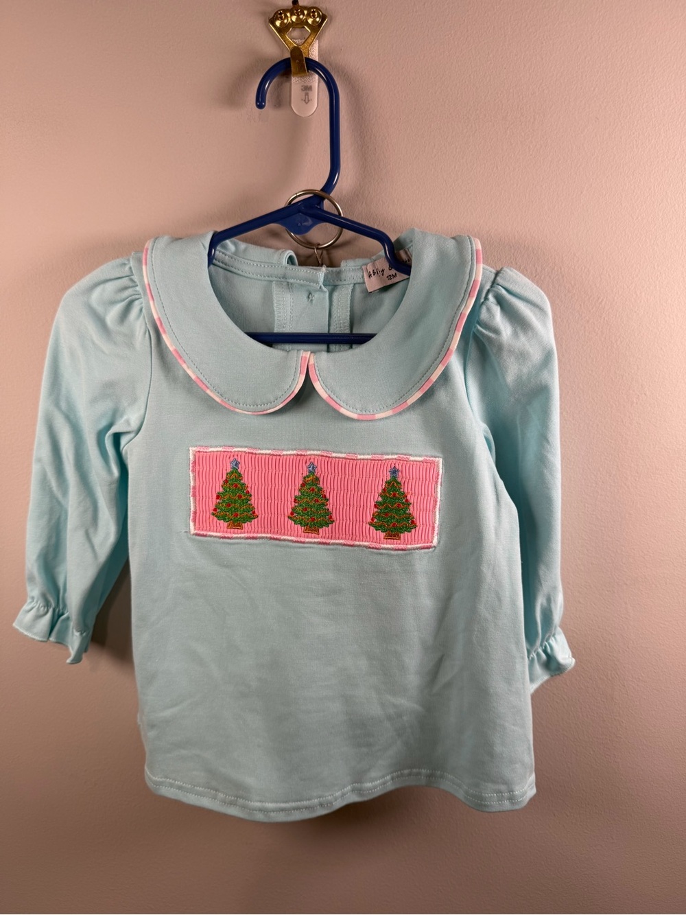 Abby & Evie Light Blue Holiday Christmas Tree Smocked Set Size 12m NWT